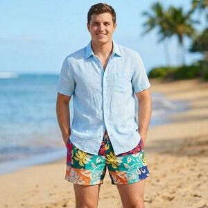 Vibrant Retro Y2K Tropical Patchwork Floral Swim Trunks - Dopamine Dressing